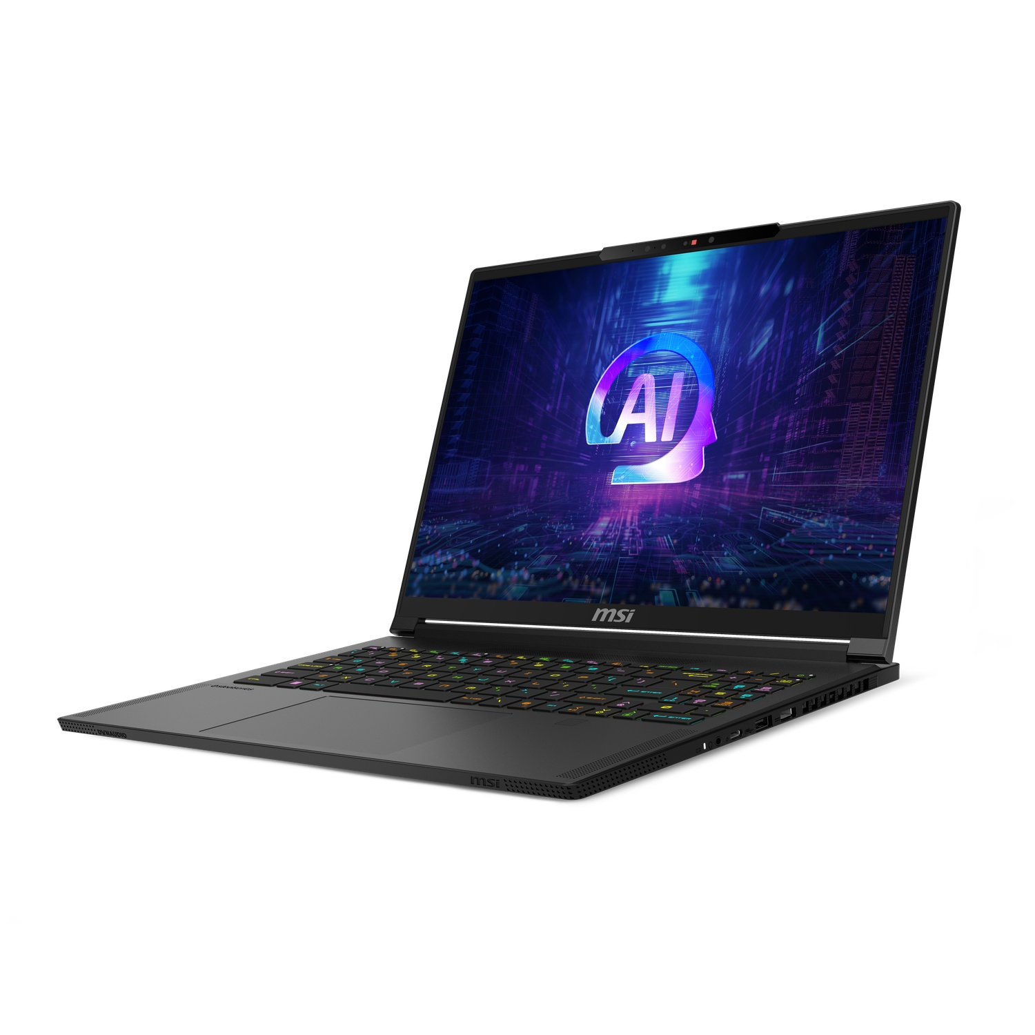 A black laptop with a colorful keyboard and a screen displaying a futuristic AI graphic.