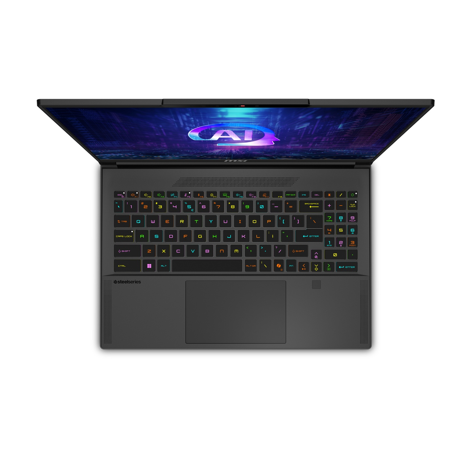 Laptop, top-down view, open. Black body, lit keyboard, screen displays AI graphic. White background.