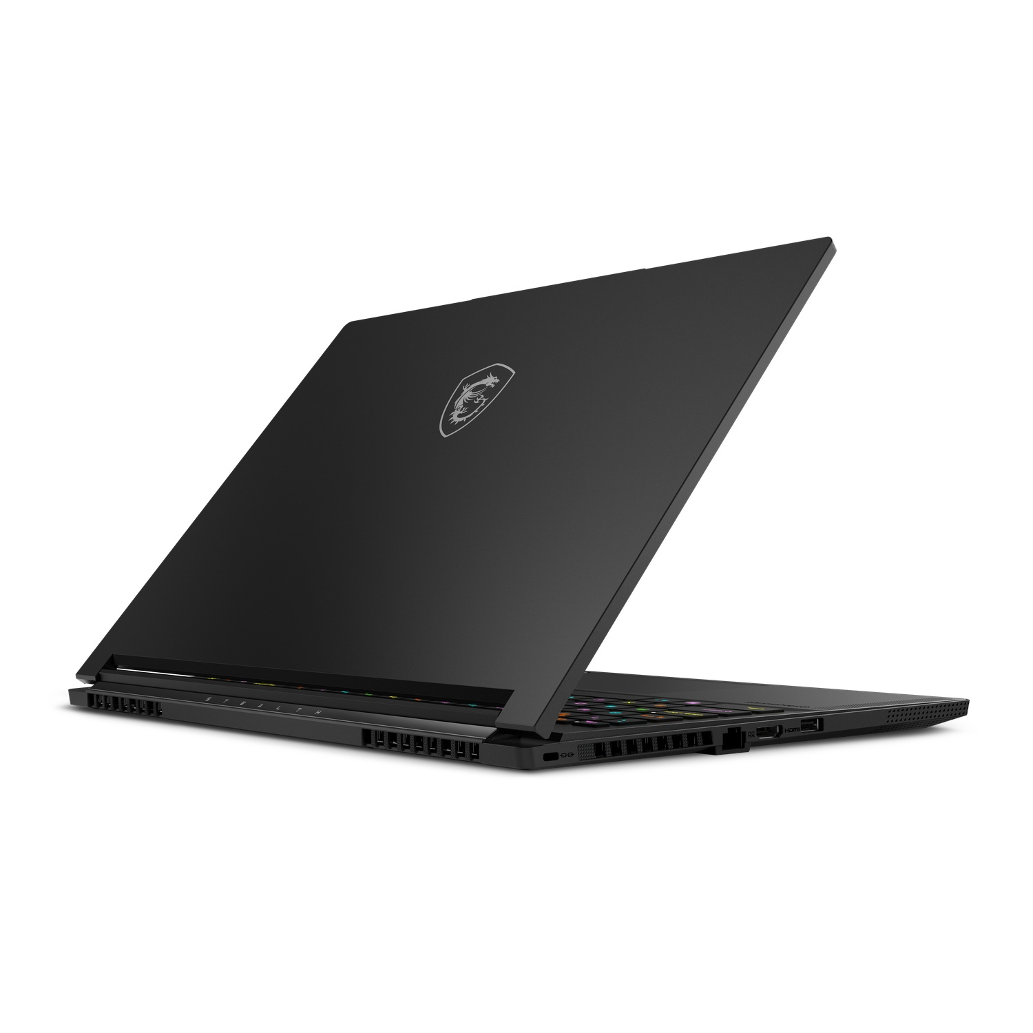 Black laptop, slightly open, angled to the right. The back has a logo.