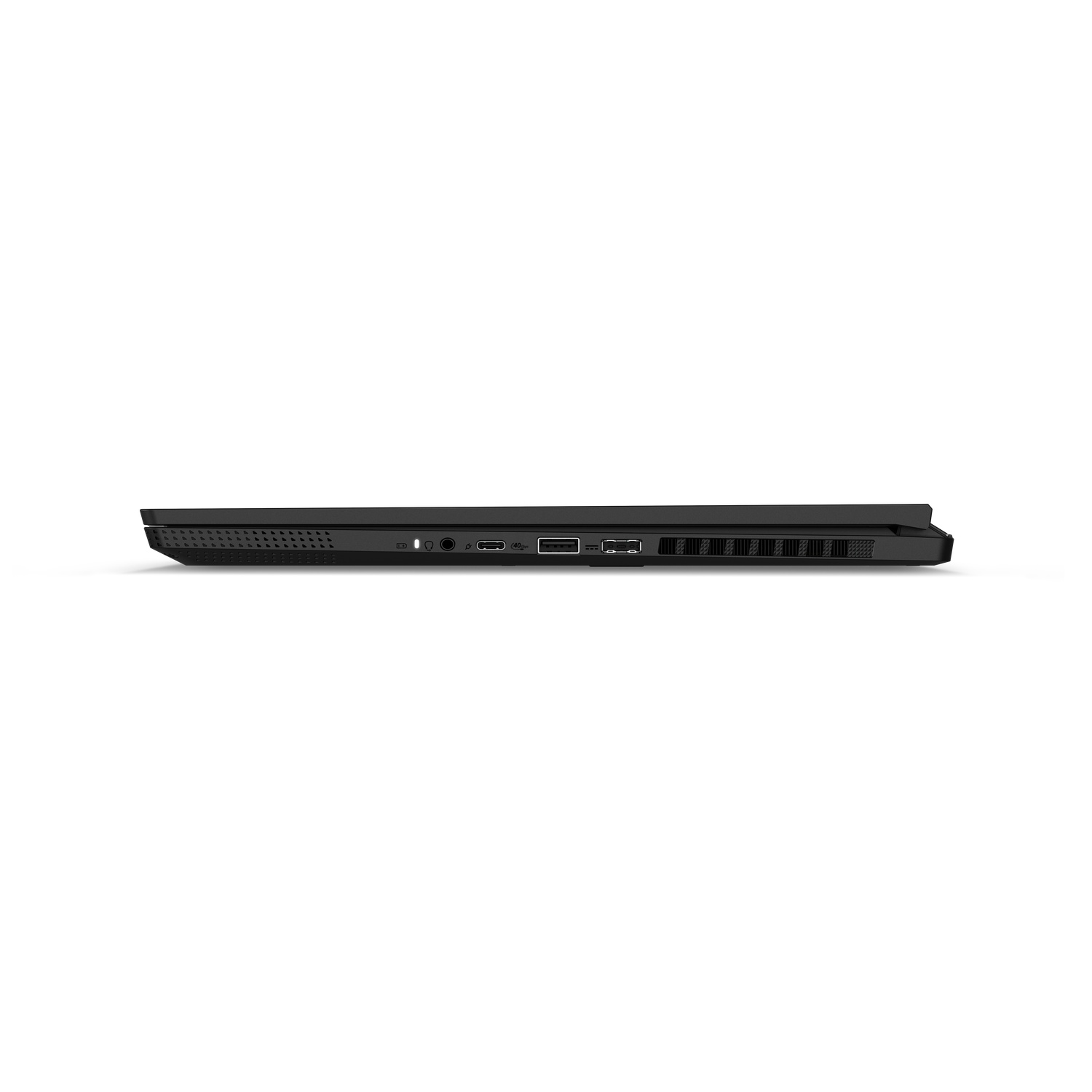 A black laptop seen from the side, showing the ports and ventilation.
