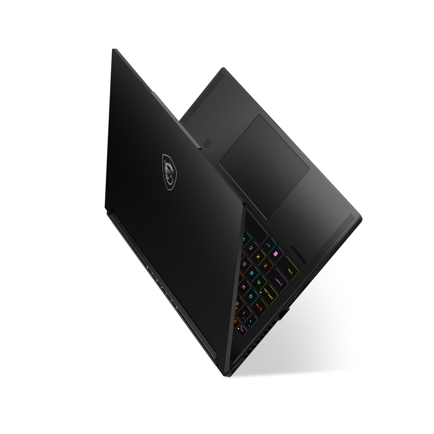 A top-down view of a black laptop with a keyboard that lights up.