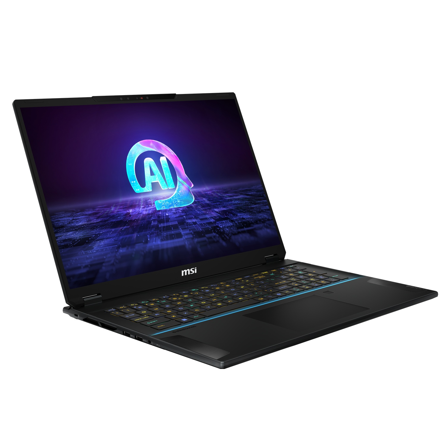Black laptop with a colorful AI graphic on the screen. MSI logo is at the bottom.