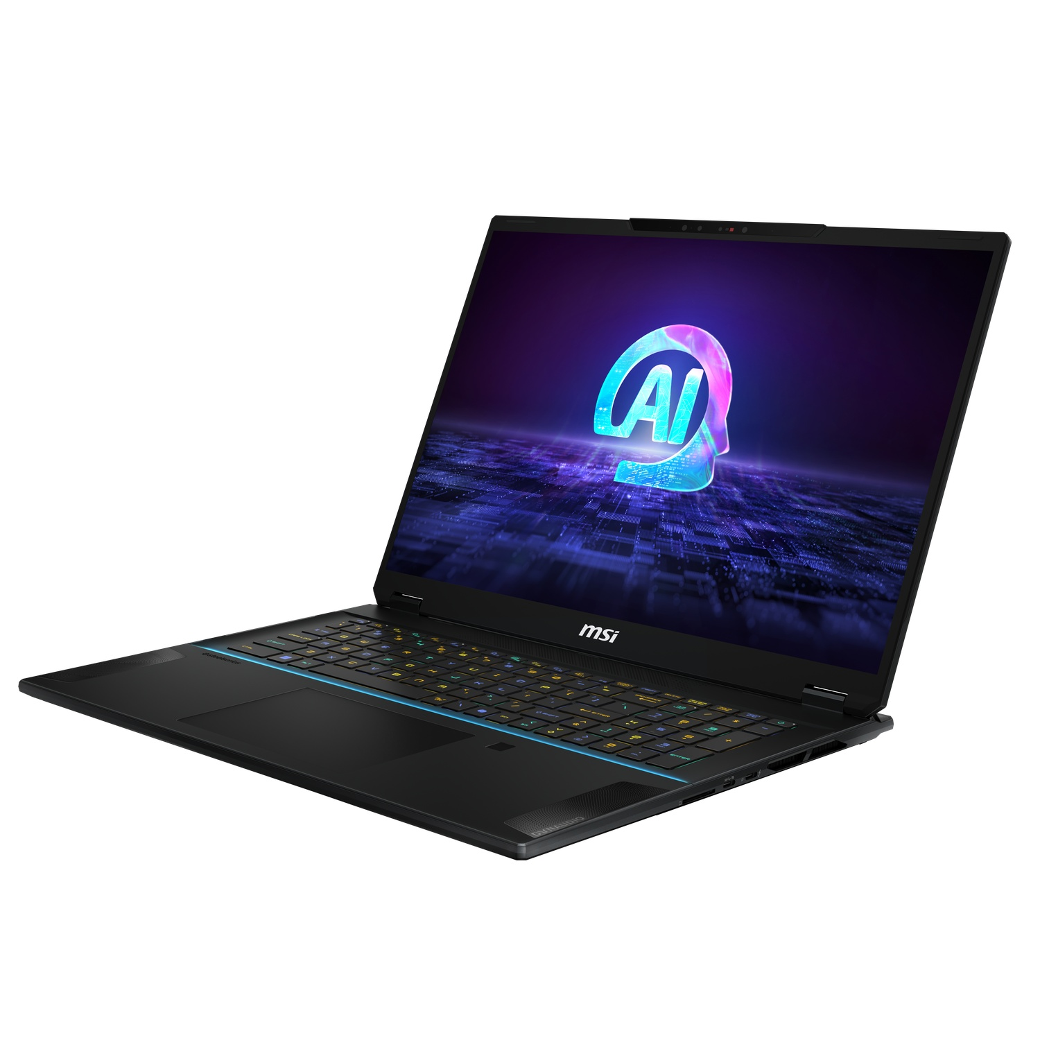 A black laptop with a backlit keyboard and a screen displaying an AI-themed graphic.