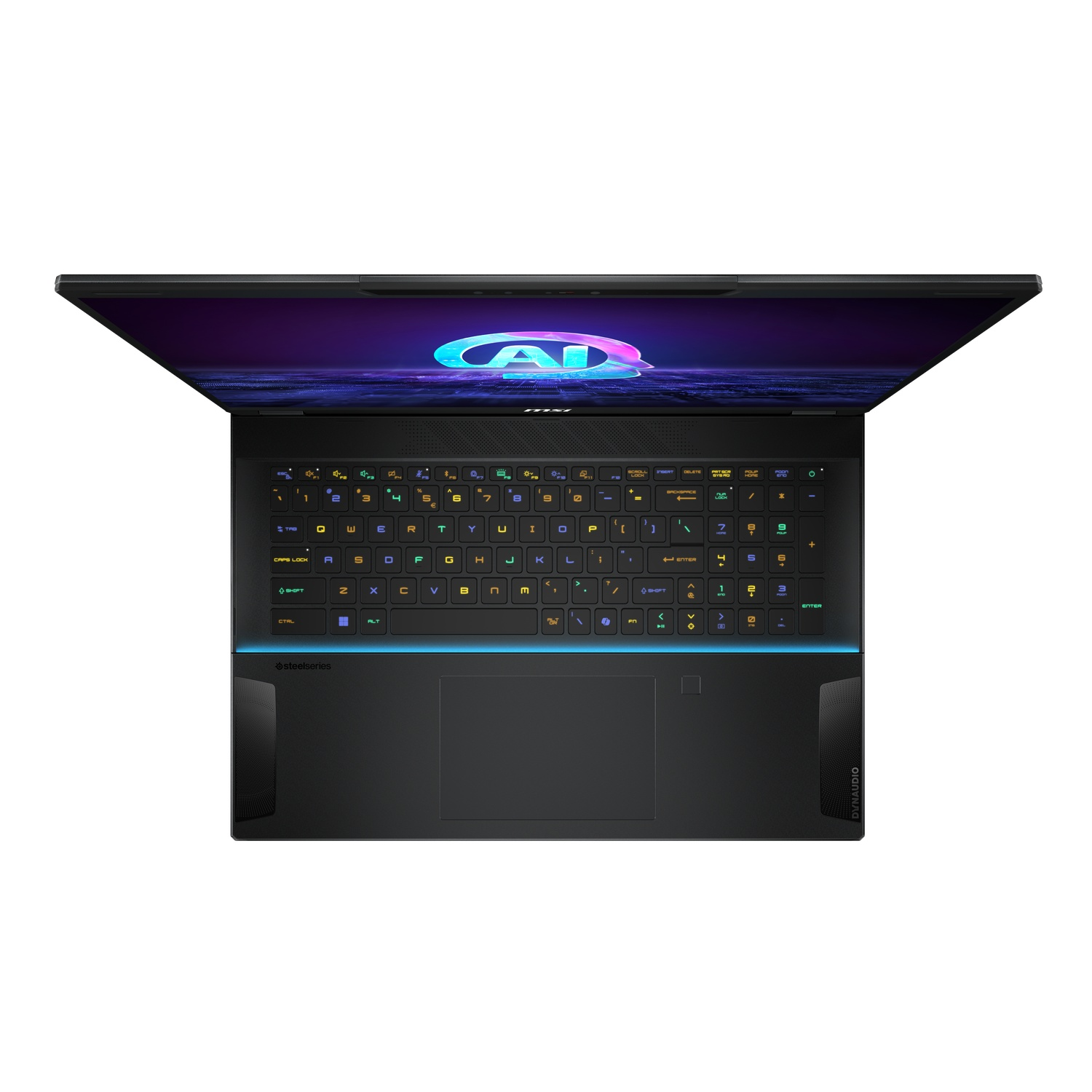 Laptop open, top view. Illuminated, multi-colored keyboard. Black body.