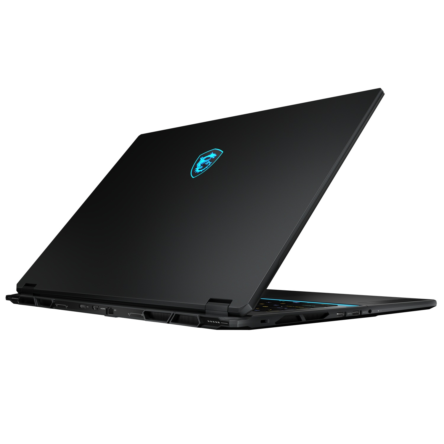 A black laptop with a blue logo on the back. The screen is open, showing the back. The laptop is on a white surface.