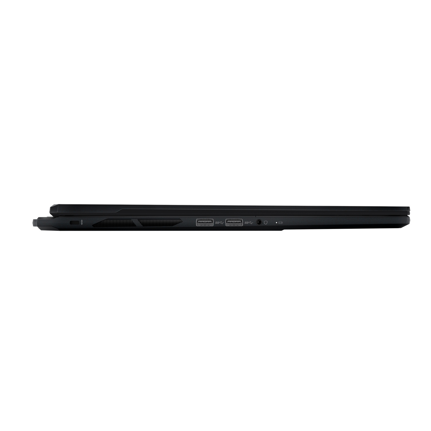 Black laptop, side view, closed. Shows ports on the side. White background.
