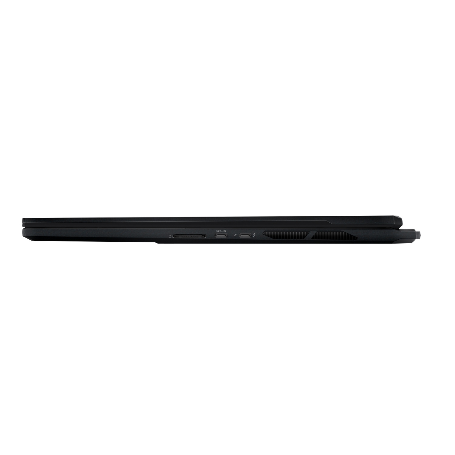 A black laptop, closed and viewed from the side, with ports visible.