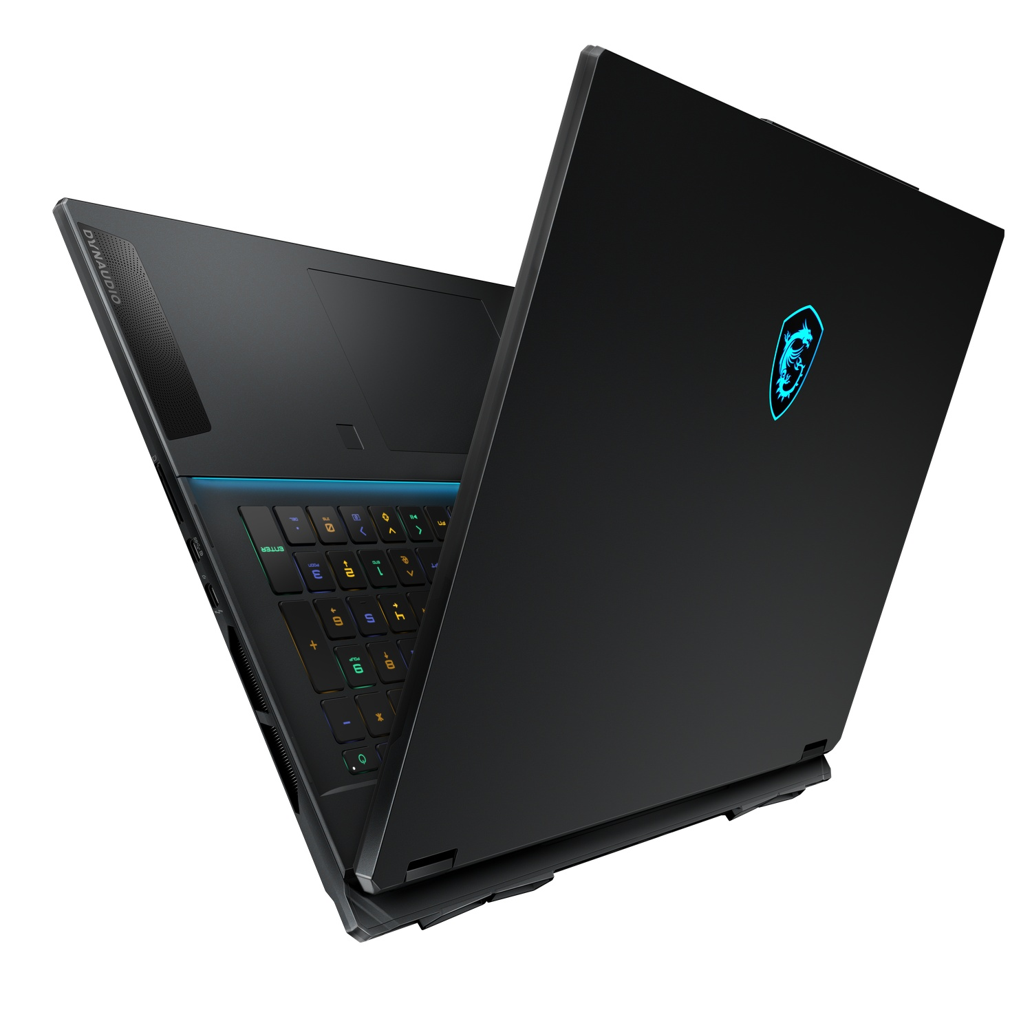 Black laptop with a blue logo on the lid, open to show the keyboard and screen.