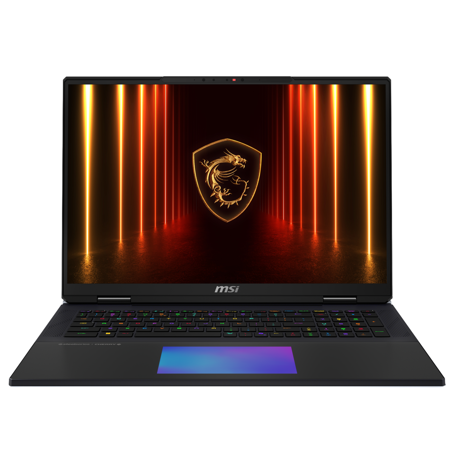 Ordinateur portable MSI avec clavier rétroéclairé coloré, logo de dragon à l'écran et corps noir.
