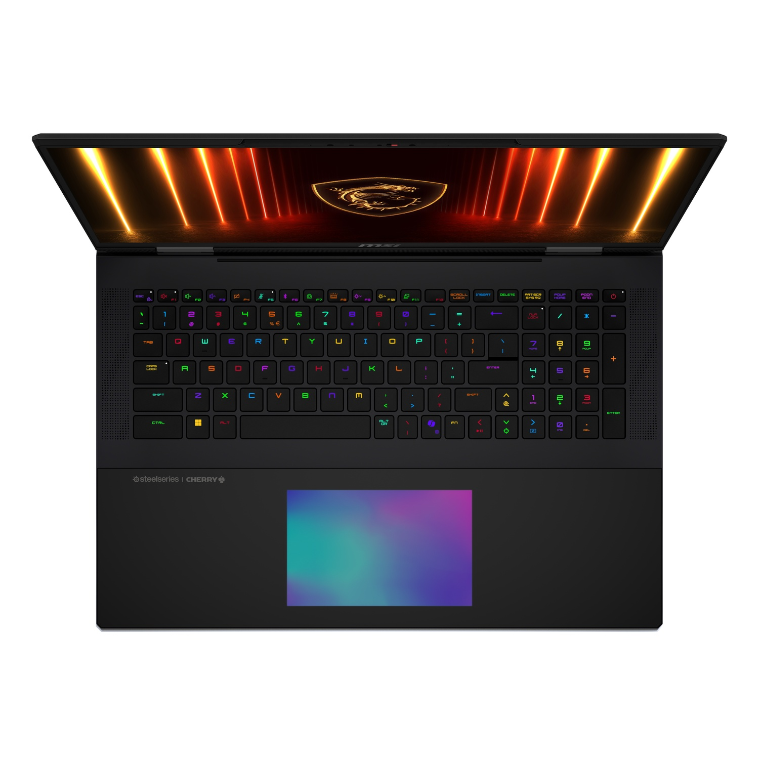 Ordinateur portable avec des touches colorées. Vue de dessus.
