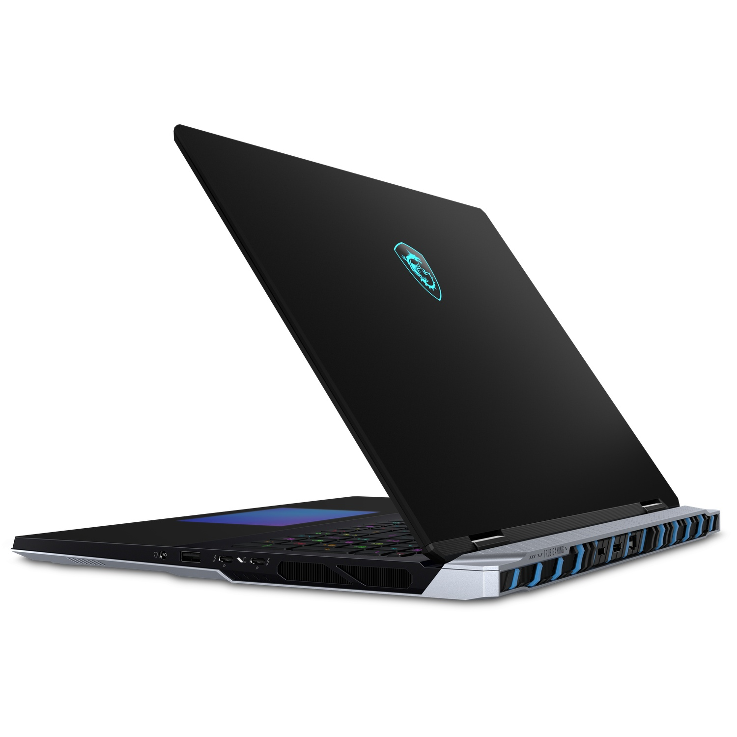 Un ordinateur portable MSI noir, ouvert, avec le dos face au spectateur.