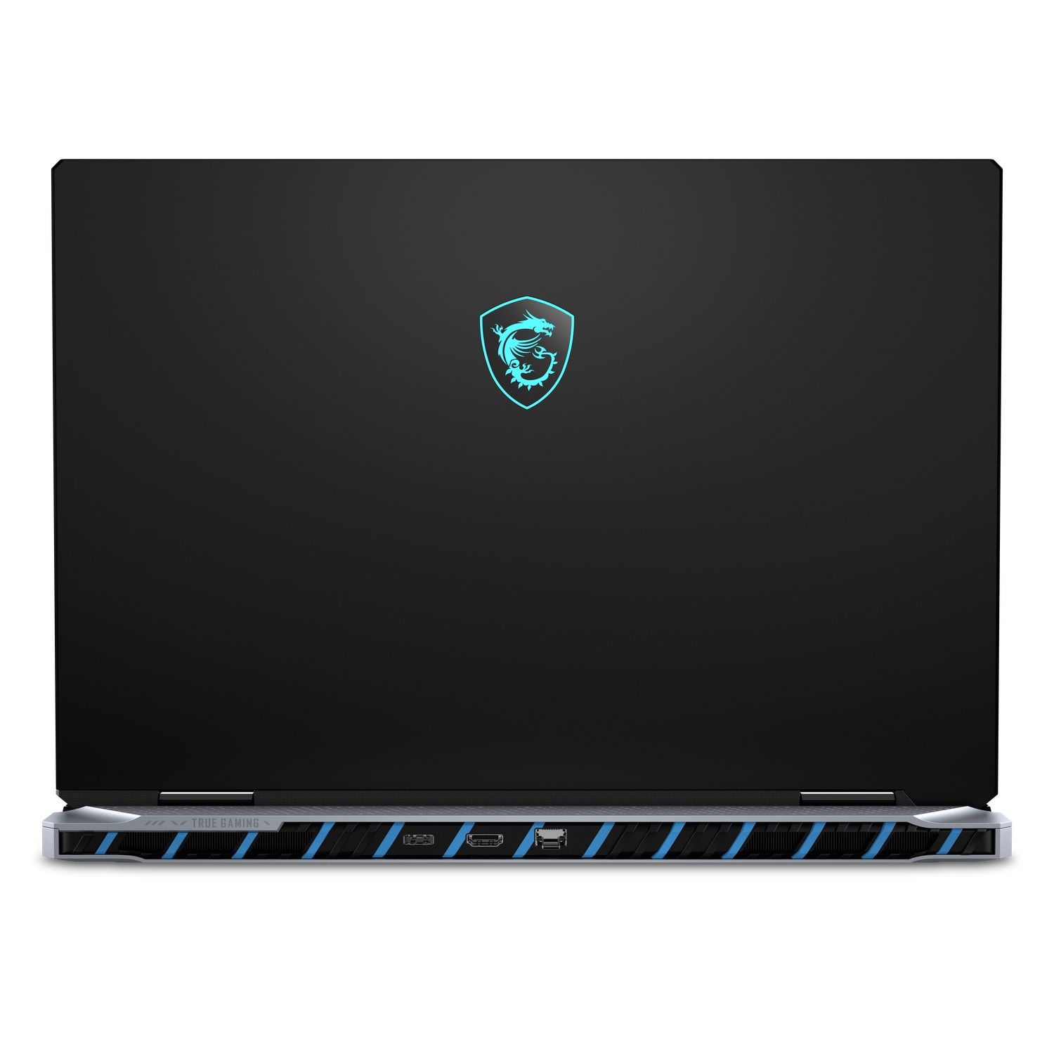 Ordinateur portable noir avec logo bleu au dos et design bleu en bas.