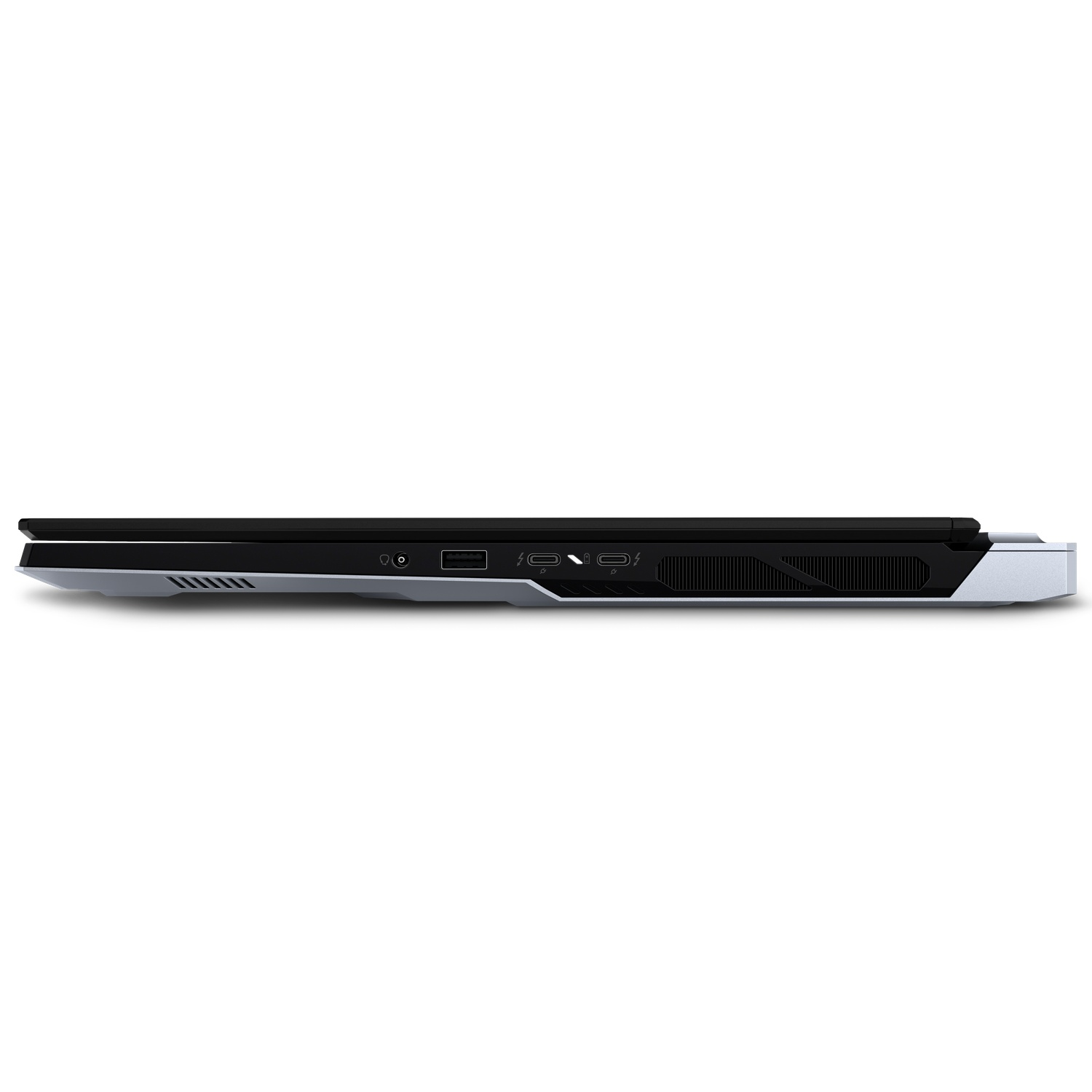 Vue latérale d'un ordinateur portable noir et argent sur fond blanc.