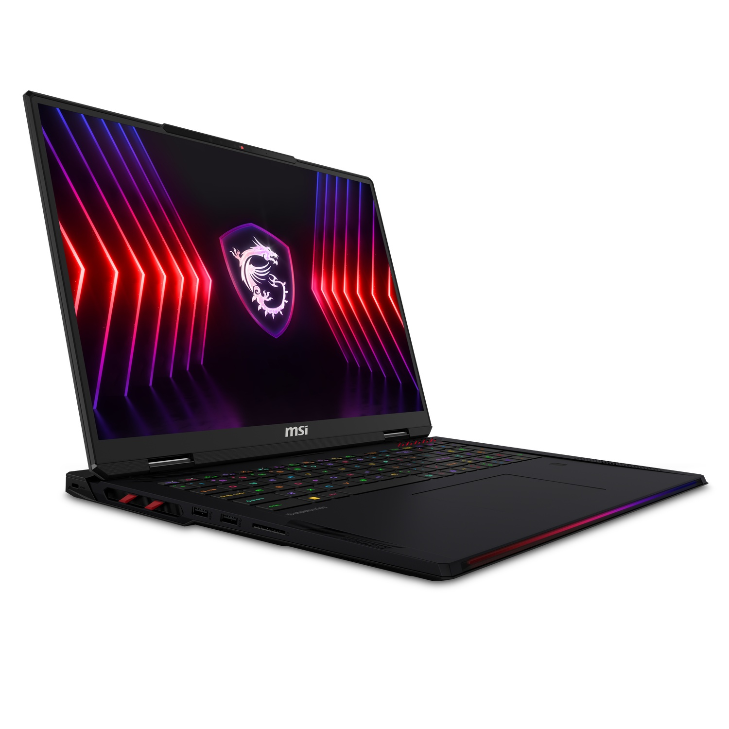 Ordinateur portable MSI noir avec écran illuminé coloré, montrant un logo de dragon. Fond blanc.
