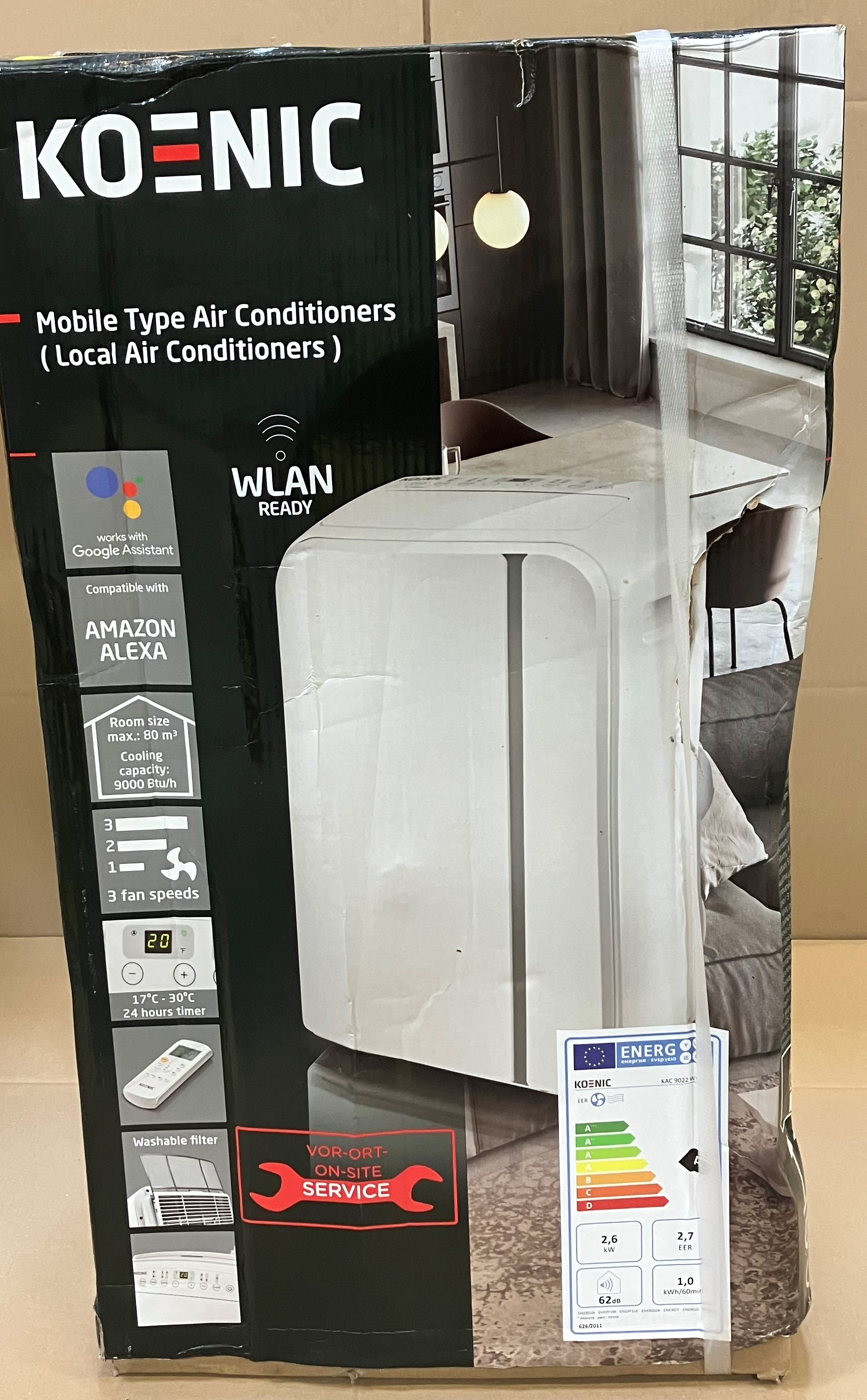 Pudełko mobilnej klimatyzacji z marką, specyfikacjami i etykietą energetyczną.