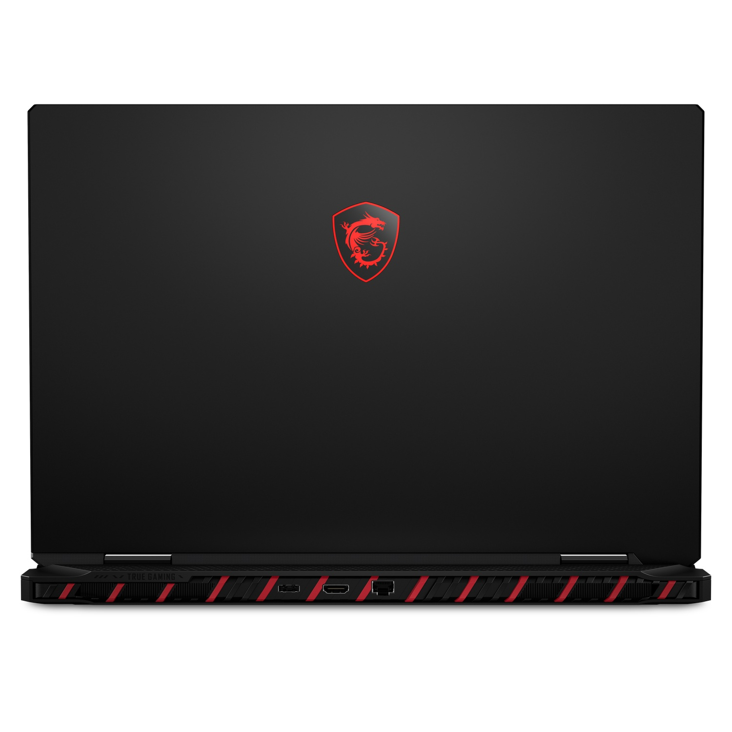 Ordinateur portable noir, vue arrière, logo rouge et design.