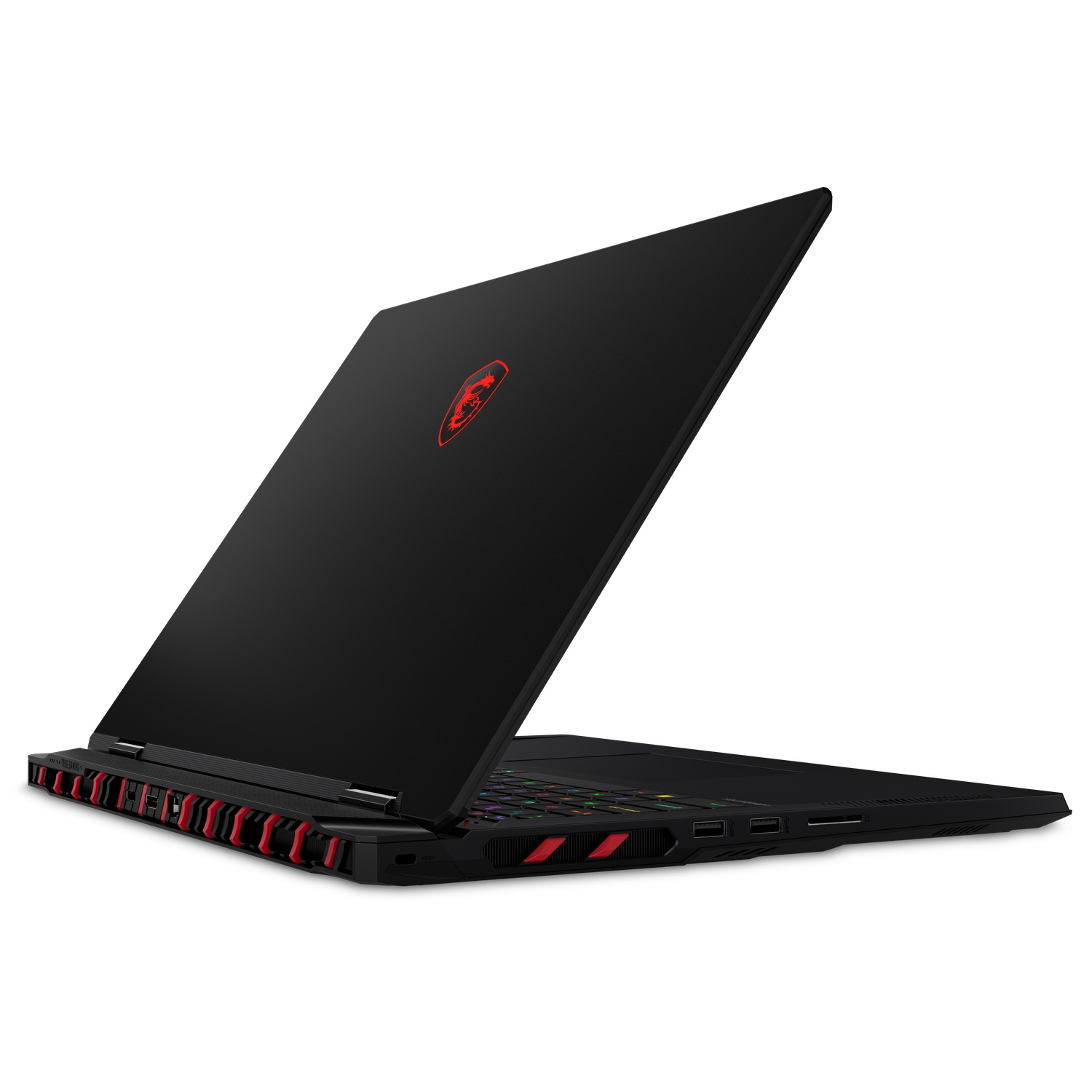 Ordinateur portable noir avec des touches rouges. L'écran est ouvert.