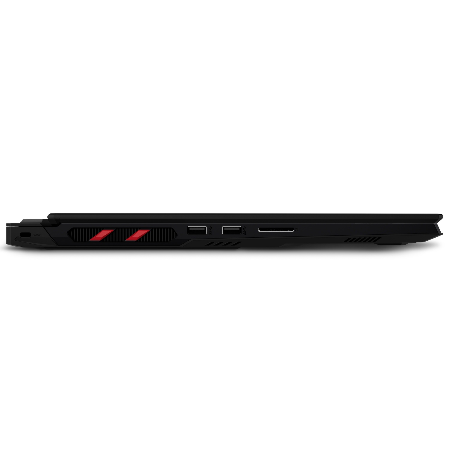 Ordinateur portable noir, vue latérale. Possède une bande rouge et des ports. L'ordinateur portable est fermé.