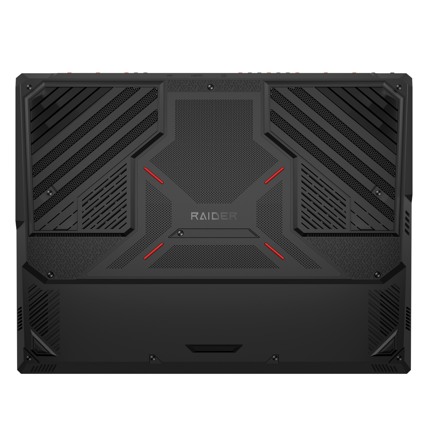 Vue de dessus d'un ordinateur portable noir avec accents rouges et grilles, mot 'RAIDER'.