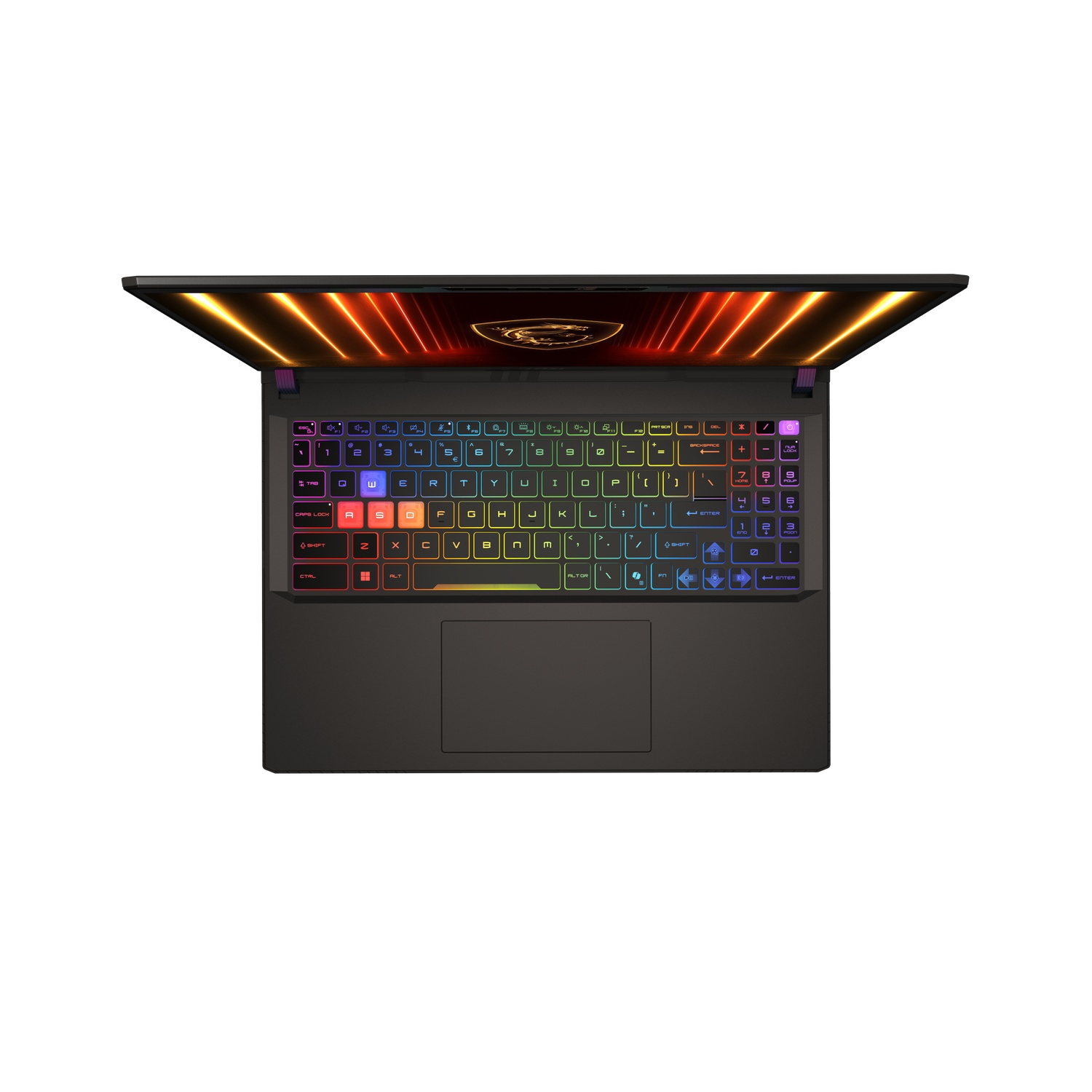 Ordinateur portable vu de dessus avec clavier coloré et éclairage d'écran.