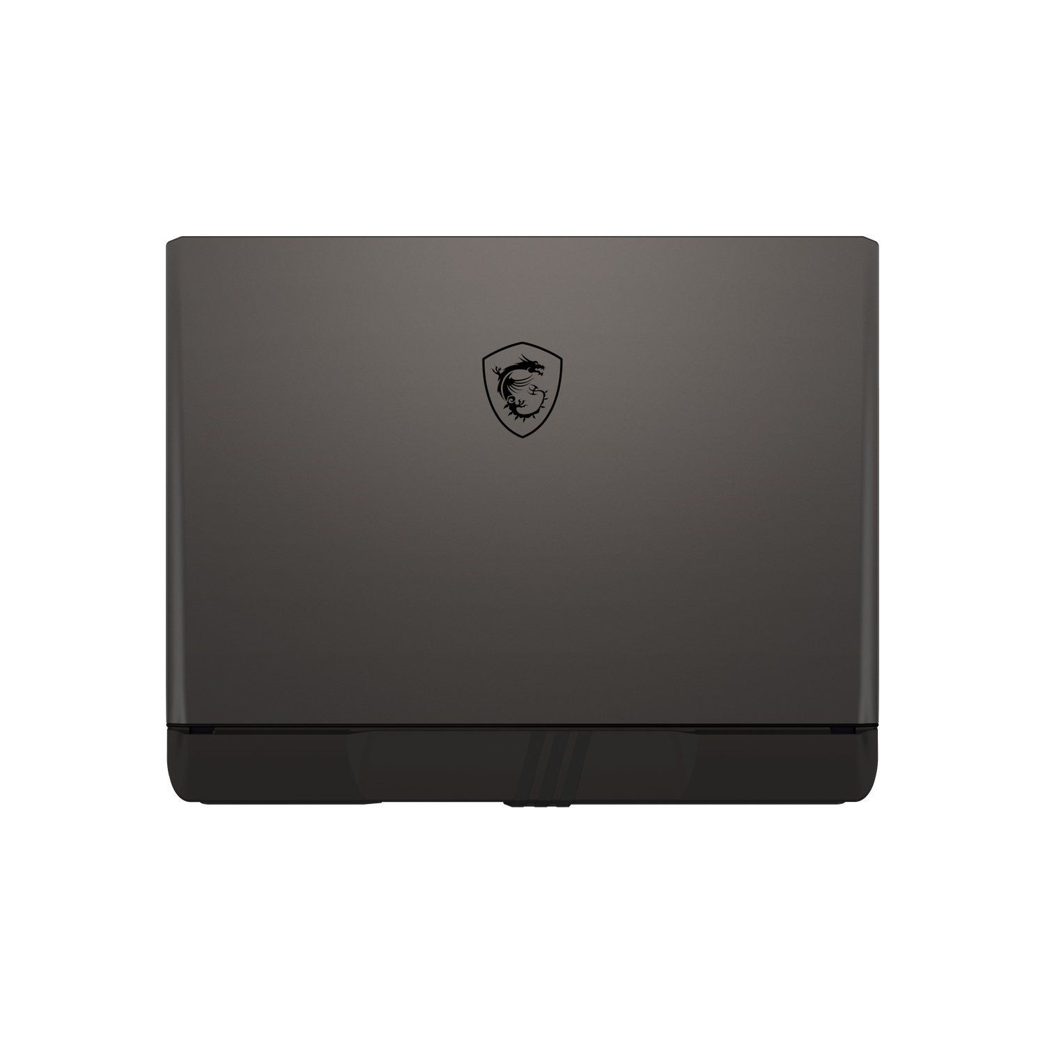 Un ordinateur portable gris foncé avec le logo MSI au dos.