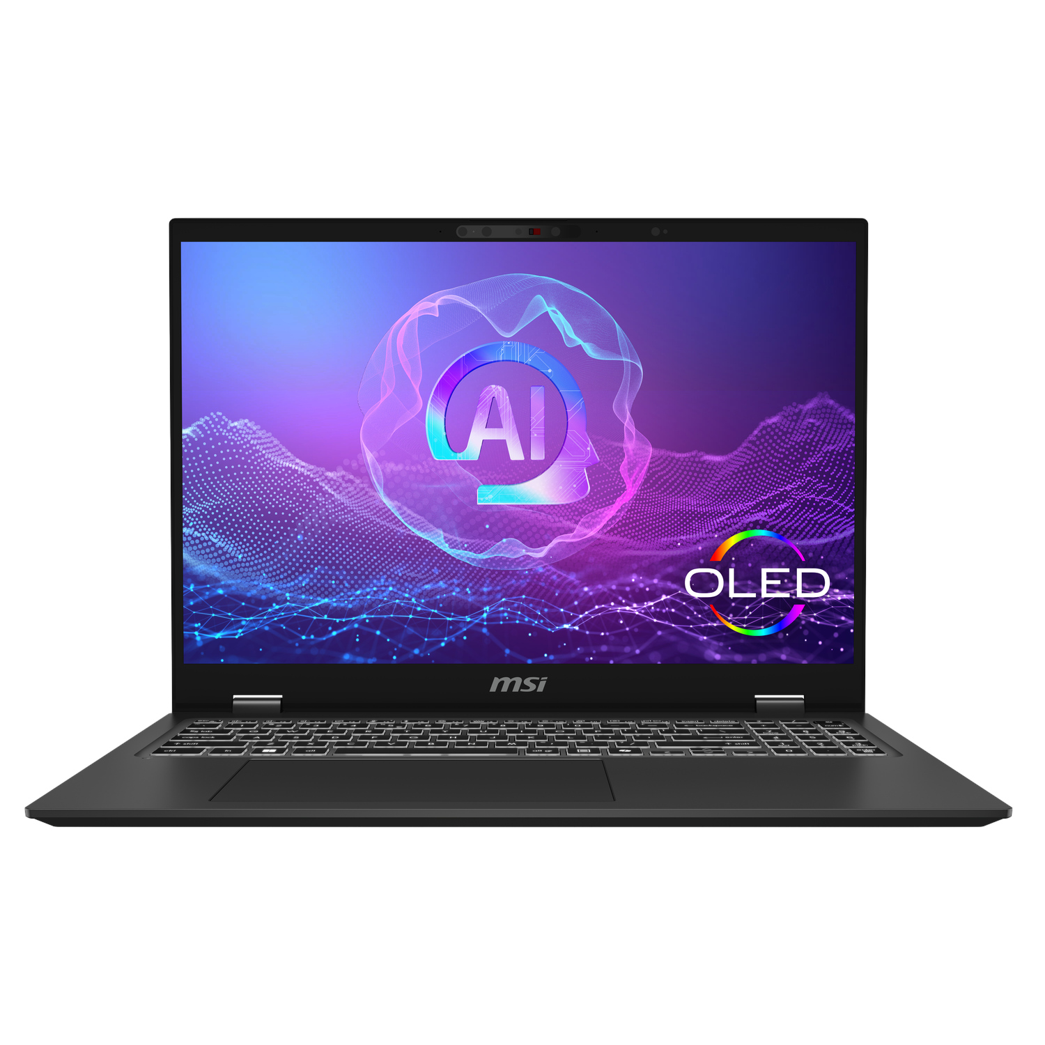 MSI laptop. Scherm met AI en OLED tekst. Zwart frame, toetsenbord en webcam.