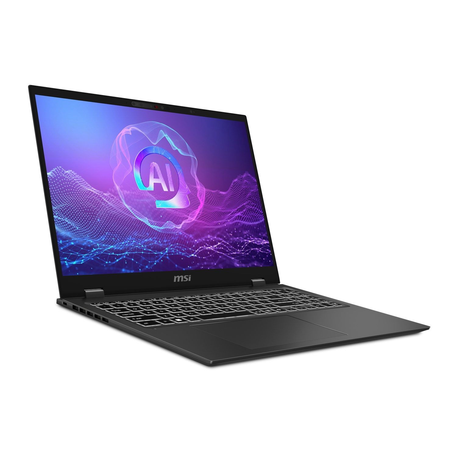 Een zwarte laptop met een scherm waarop een AI-afbeelding wordt weergegeven. De laptop staat op een witte achtergrond.