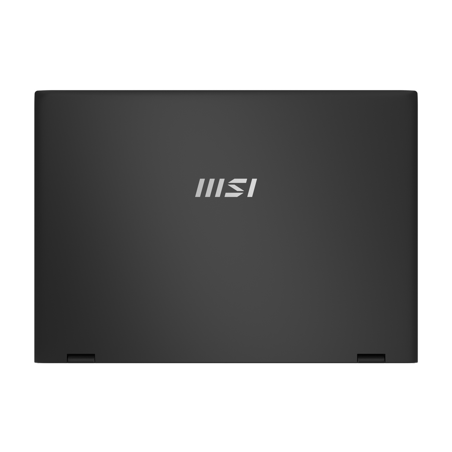 Gesloten zwarte laptop met zilveren MSI-logo in het midden. Scharnieren zichtbaar in de onderste hoeken. Witte achtergrond.