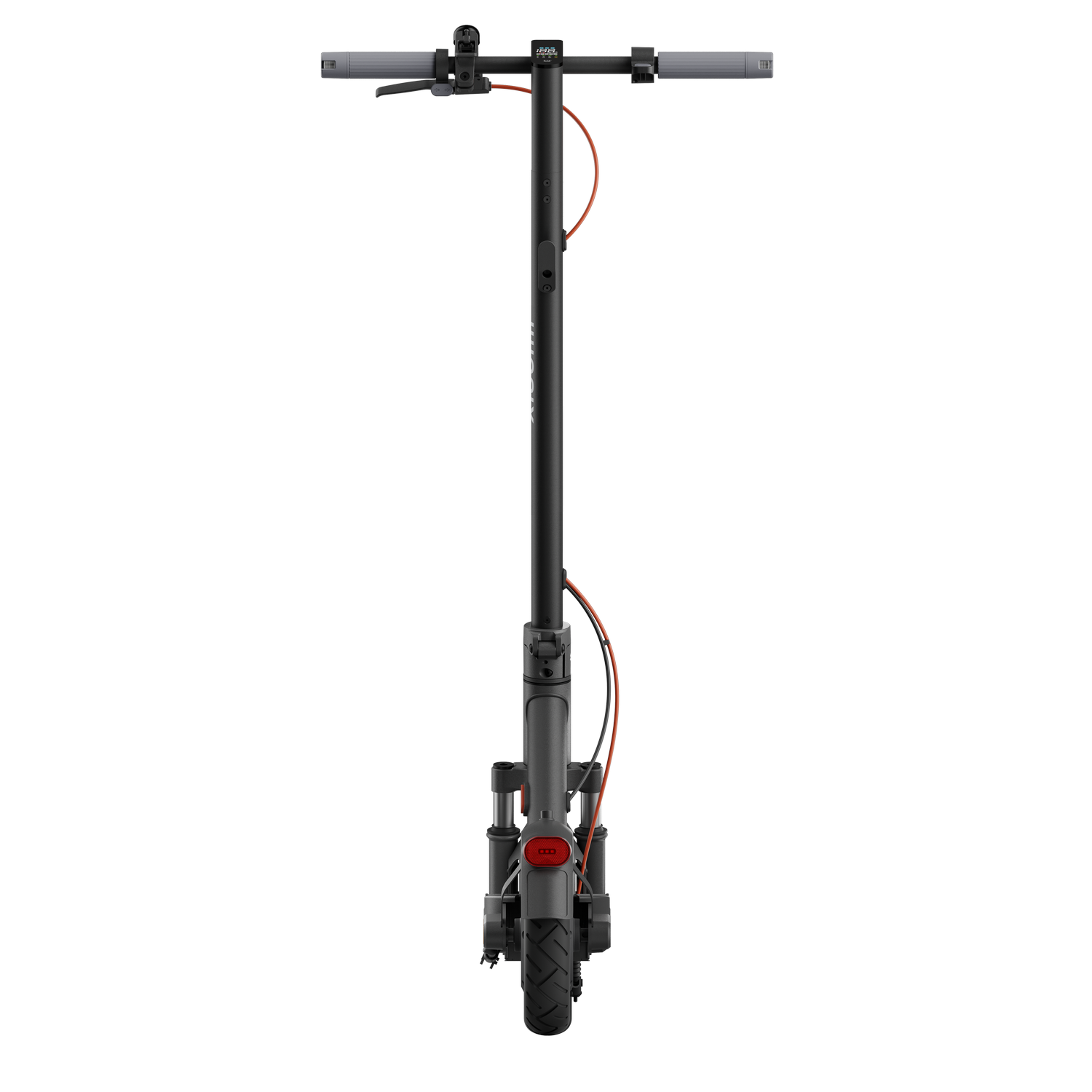 Scooter eléctrico negro, vista frontal, con cables naranjas y detalles rojos, fondo negro.