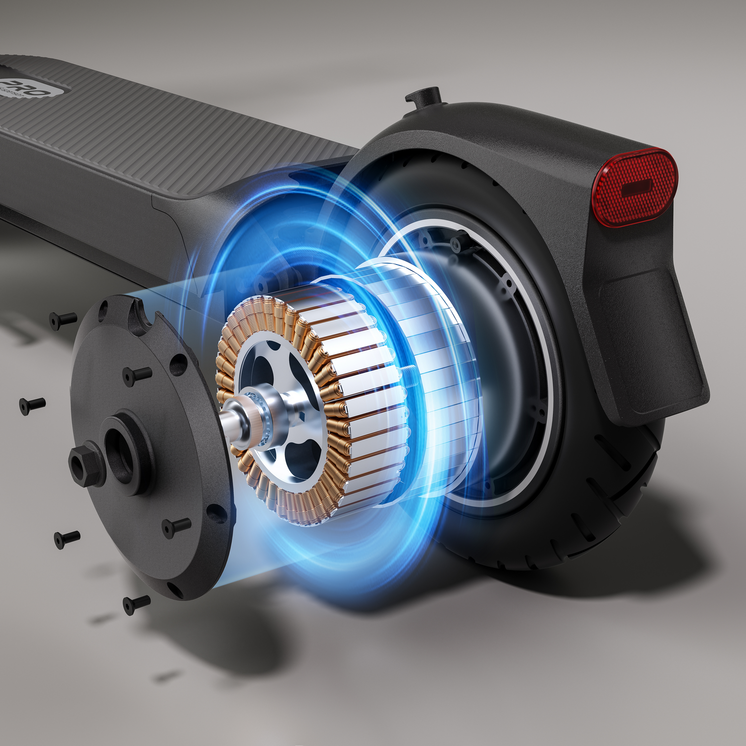 Vista de cerca del motor y el conjunto de la rueda de un scooter eléctrico, con líneas de energía azules.
