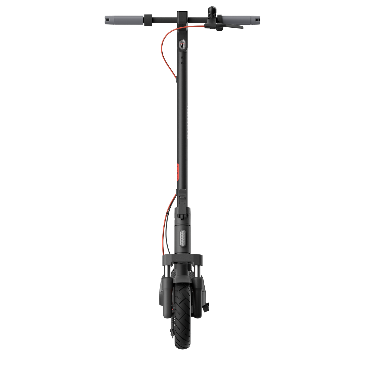 Scooter eléctrico en vista frontal, negro, con cable naranja y manijas grises.