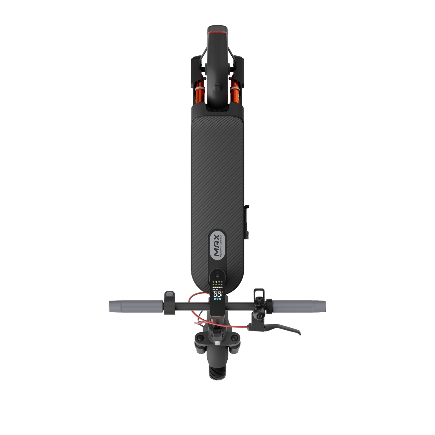 Scooter eléctrico negro desde una vista superior con fondo negro.