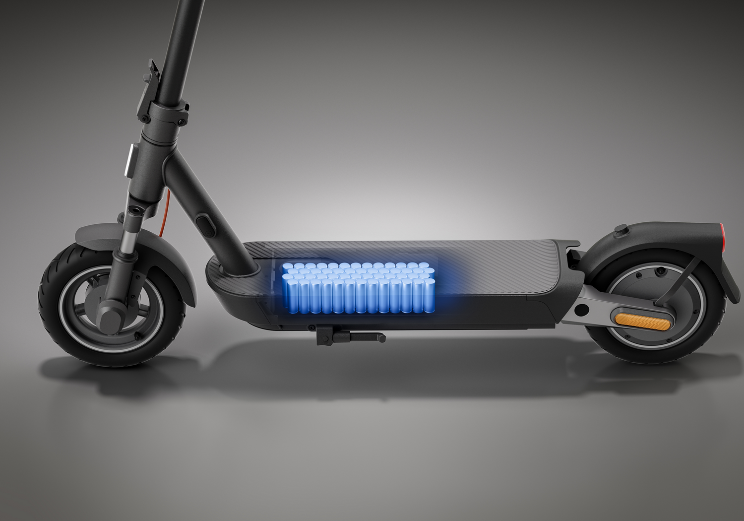 Scooter eléctrico, vista en corte muestra celdas de batería. Colores negro y gris.