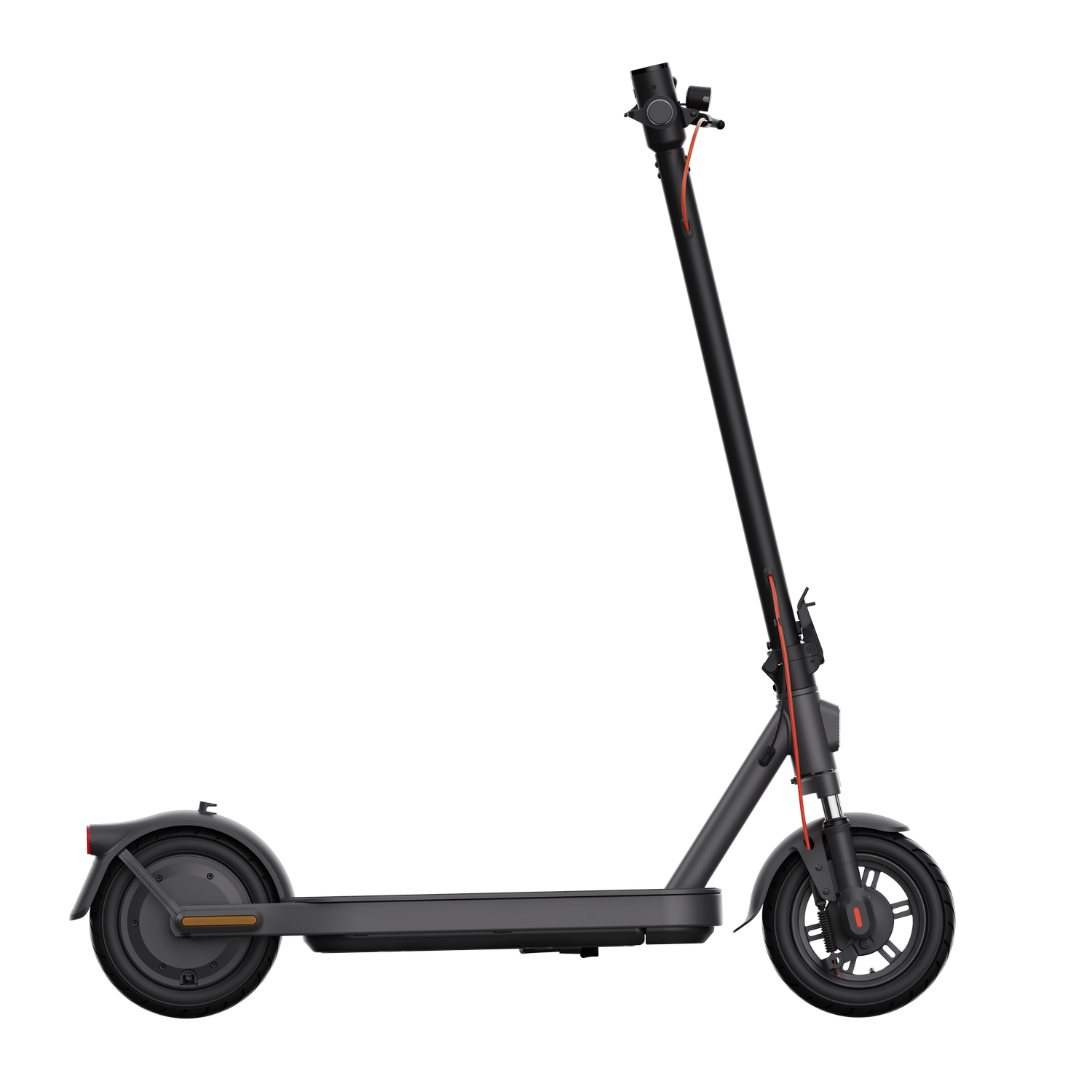 Un patinete eléctrico negro sobre un fondo negro. Tiene un vástago largo y dos ruedas.