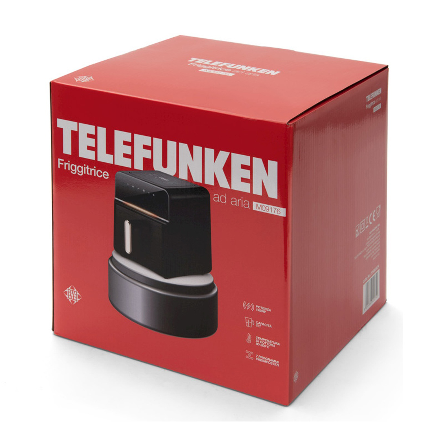 Una scatola rossa con una friggitrice ad aria nera. Il marchio è Telefunken.