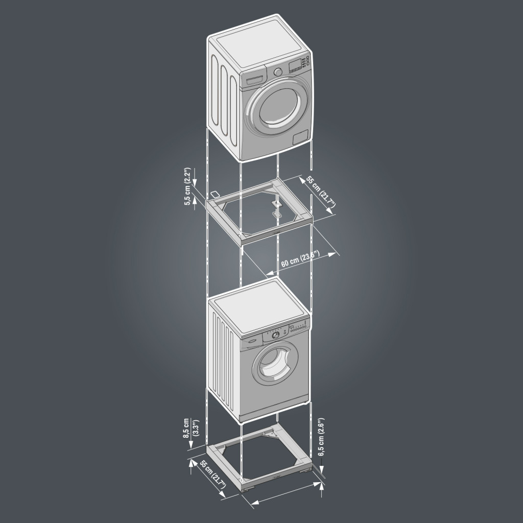 Rakott mosógépek diagramja mérésekkel. Felső gép, alsó gép és keretek.