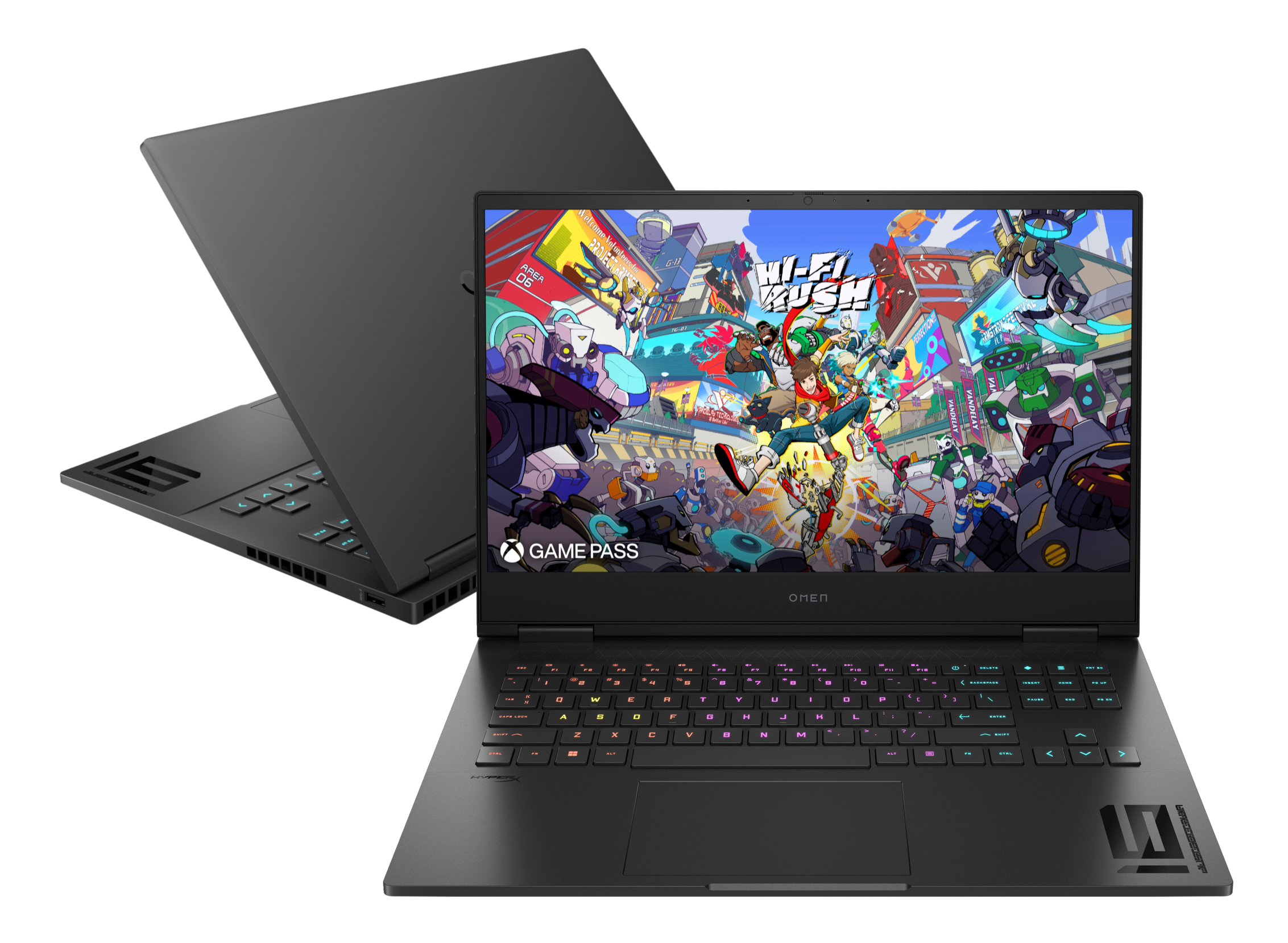 Czarny laptop na białym tle, z interfejsem gry na ekranie.