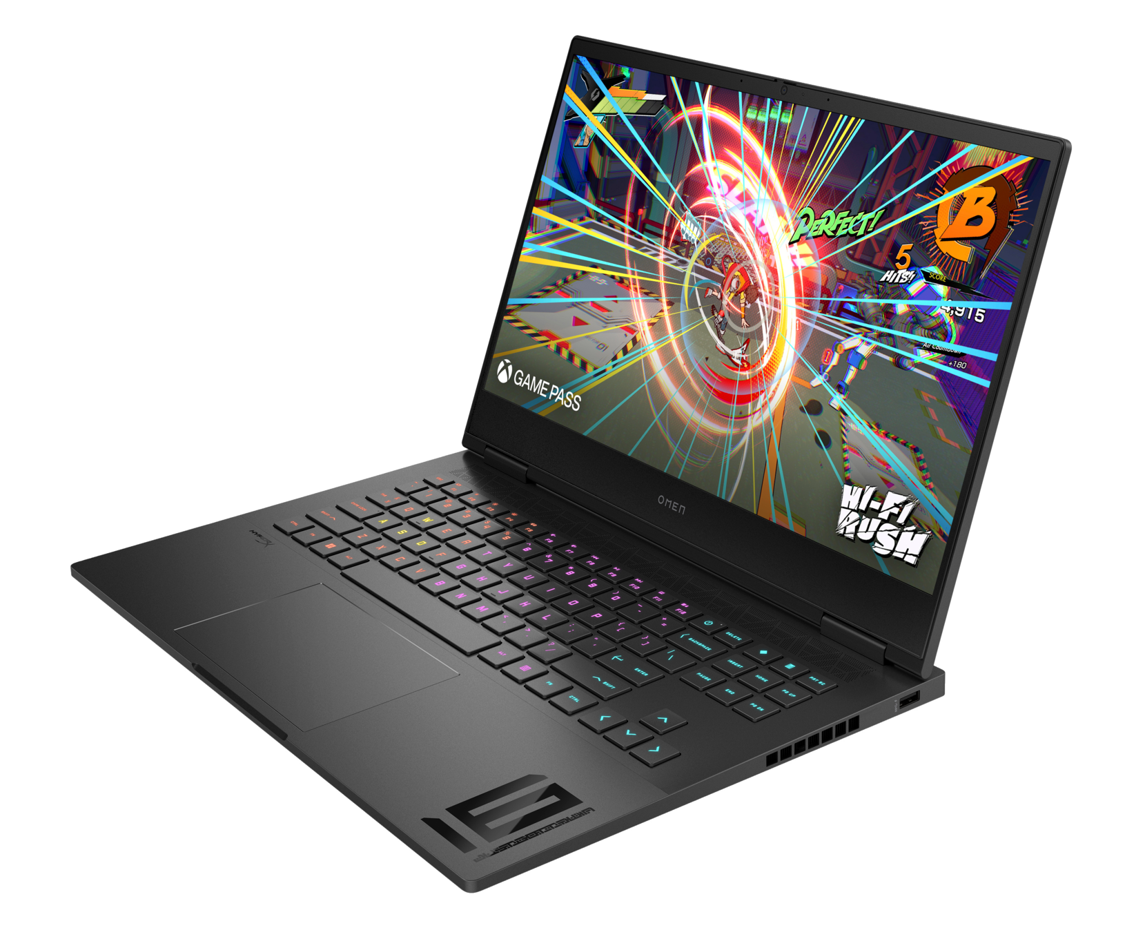 Czarny laptop do gier z ekranem wyświetlającym żywą grę. Klawiatura ma kolorowe światła.