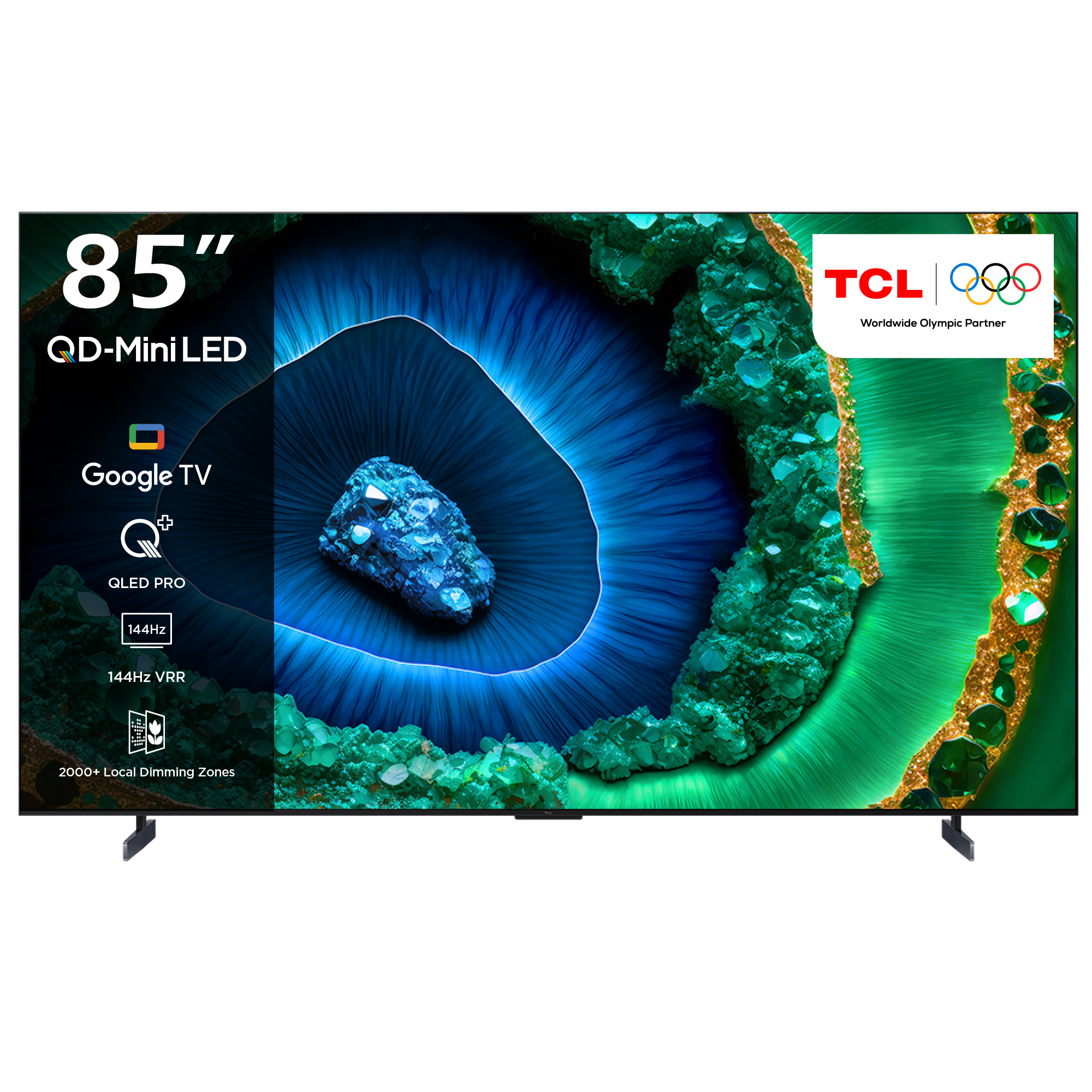 Mavi ve yeşil soyut sanat eserleri olan büyük TV ve TCL logosu.