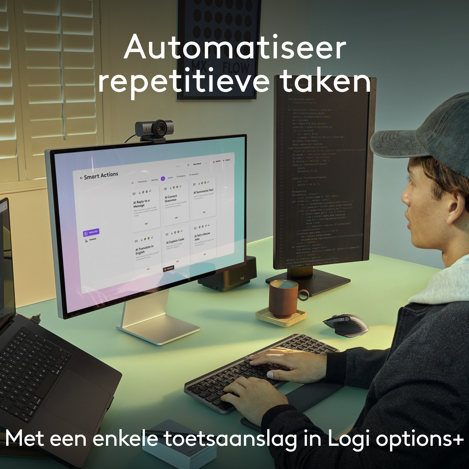 Een persoon die werkt met een toetsenbord, muis en meerdere monitoren.