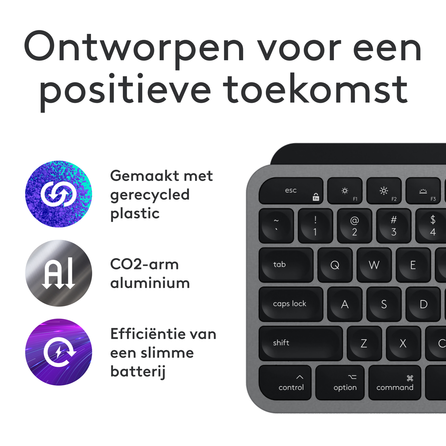 Toetsenbord met toetsen, pictogrammen. Teksten: gerecycled plastic, CO2-arm aluminium en slimme batterij-efficiëntie.