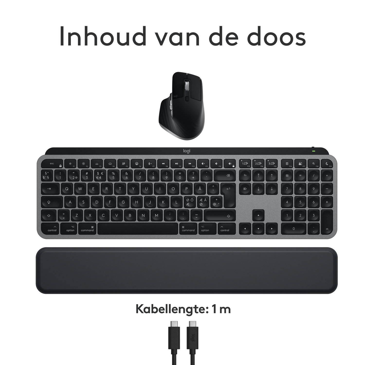 Toetsenbord, muis en polssteun op witte achtergrond, samen met twee USB-kabels. Tekst: Inhoud van de doos, 1 m kabel.