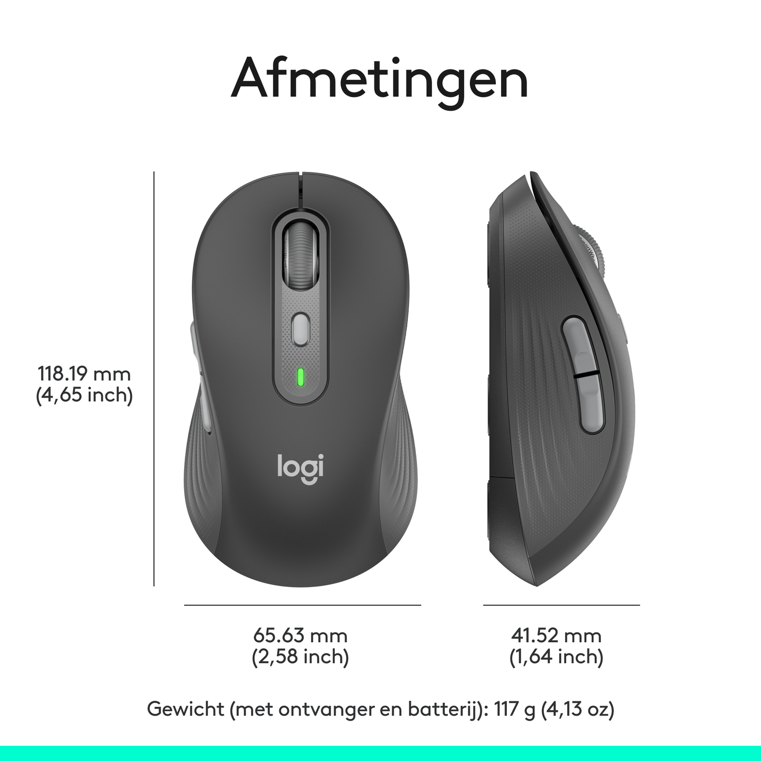A top and side view of a dark gray ergonomic mouse with dimensions displayed.