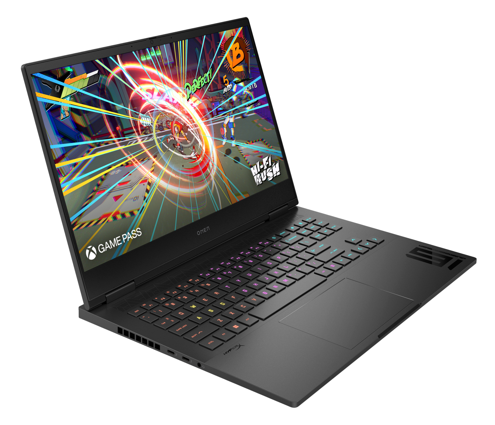 Czarny laptop, otwarty, pokazujący żywą scenę z gry na ekranie. Ma kolorową klawiaturę.