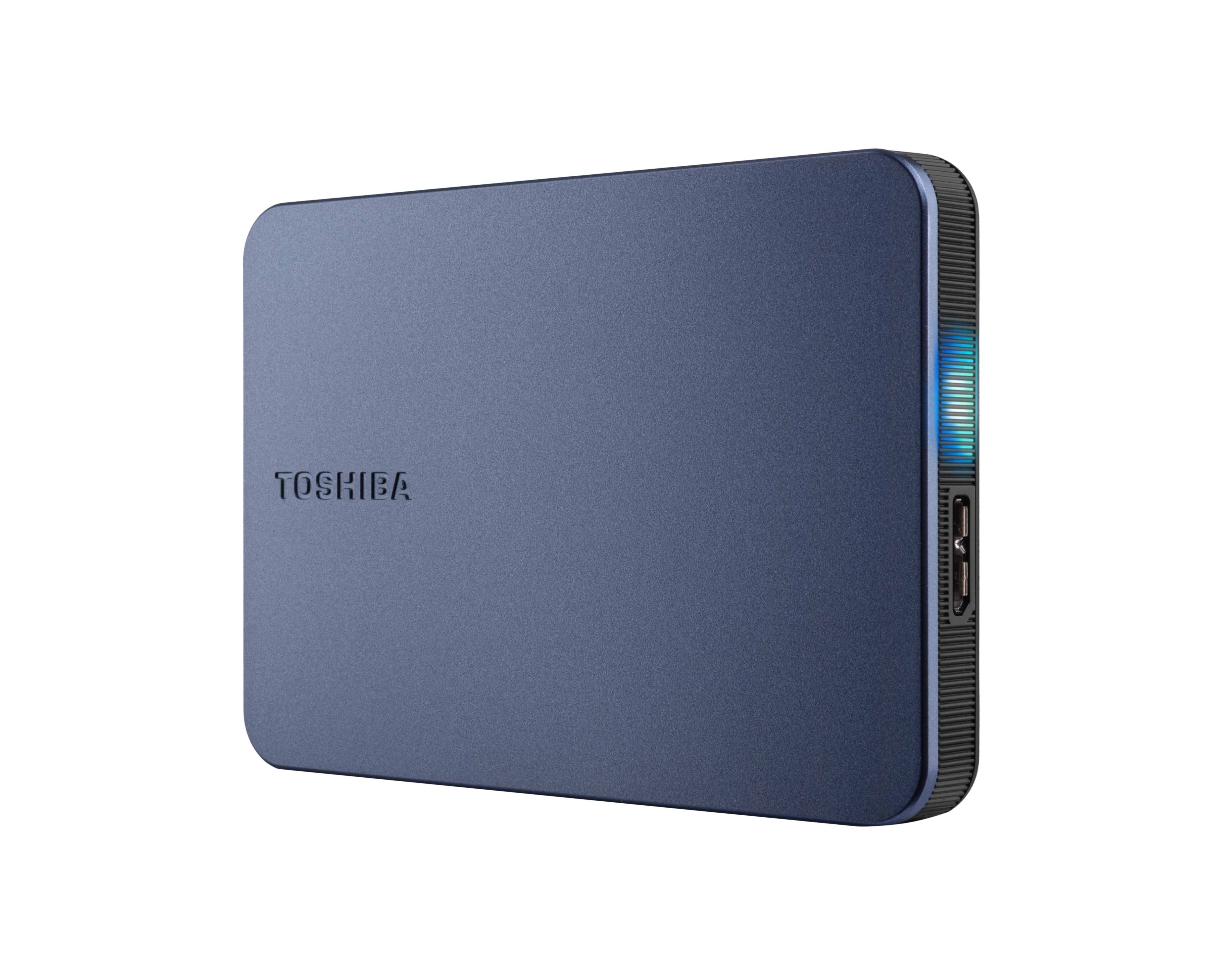 Blaue externe Festplatte von Toshiba mit Markennamen auf der Oberfläche.