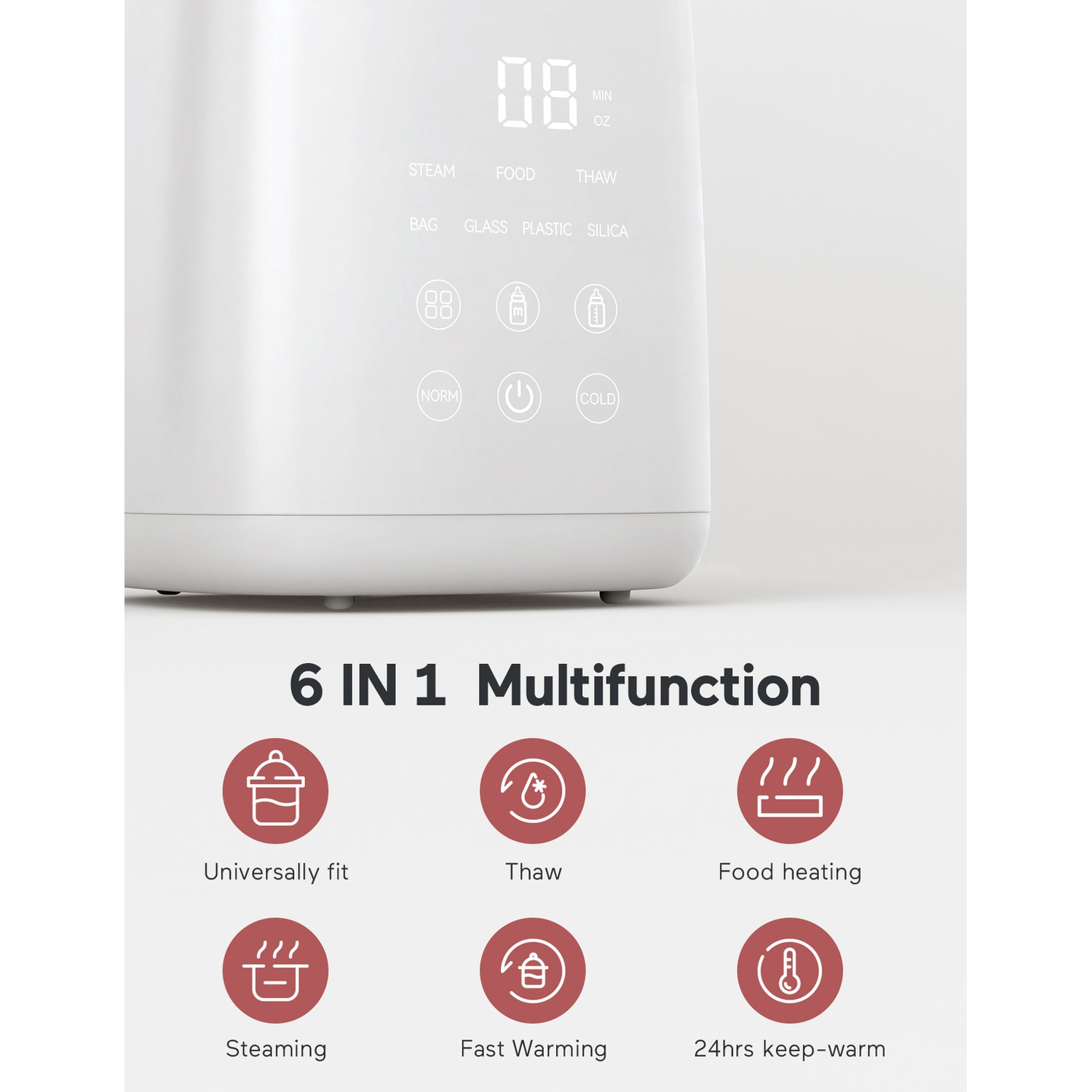 Elettrodomestico multifunzione bianco con display e icone. Icone rosse sotto il display.