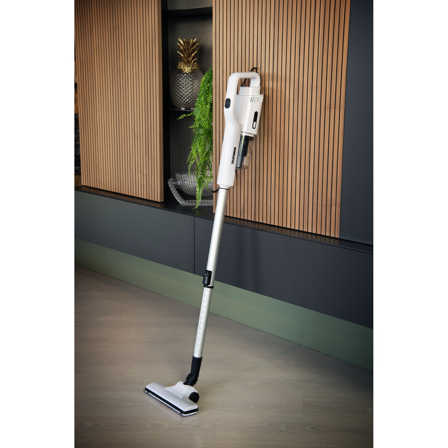 Aspirapolvere bianco su un pavimento in legno. Un mobile con ananas e piante.