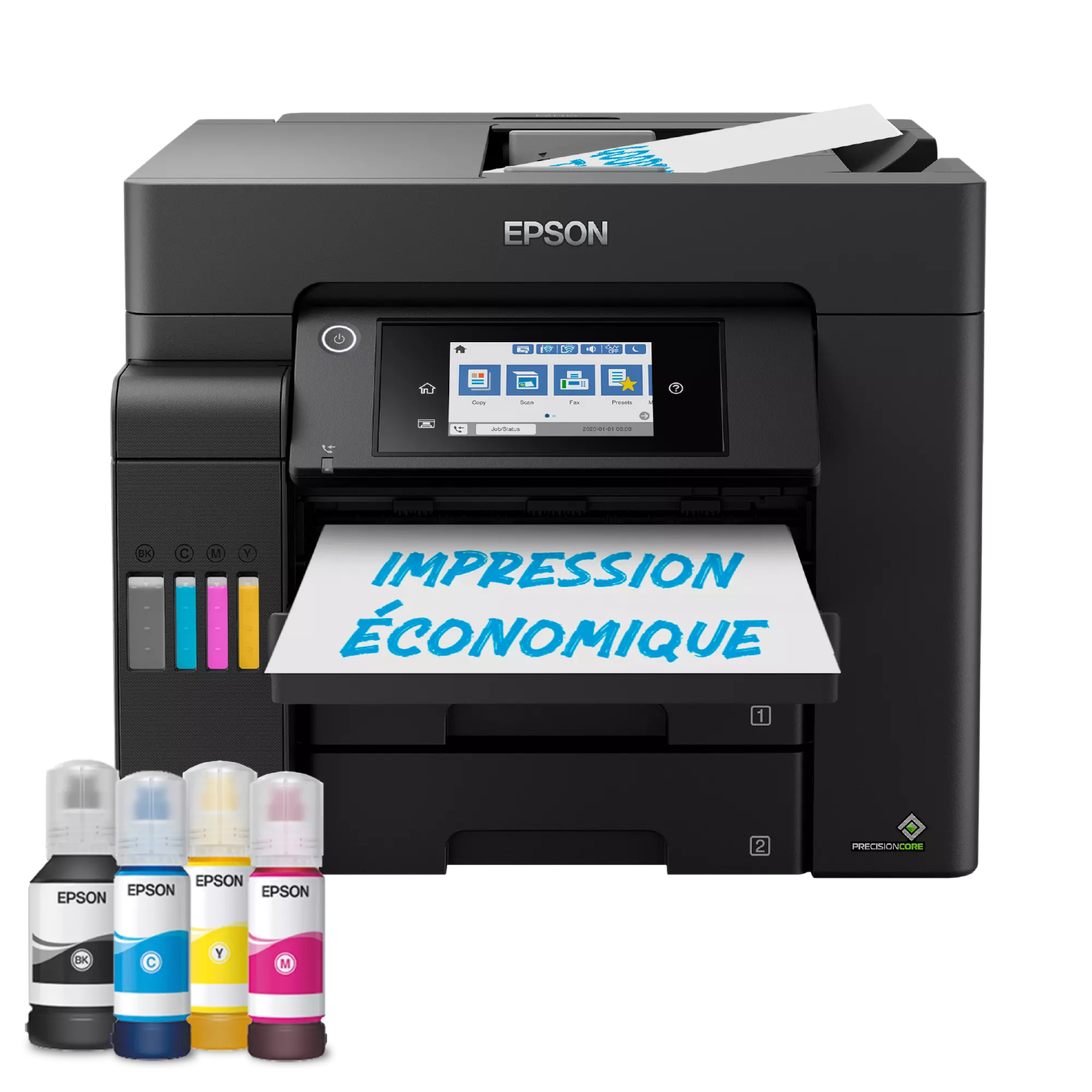 Epson printer with ink bottles. Shows text: Impression économique. Black, cyan, yellow, magenta ink.