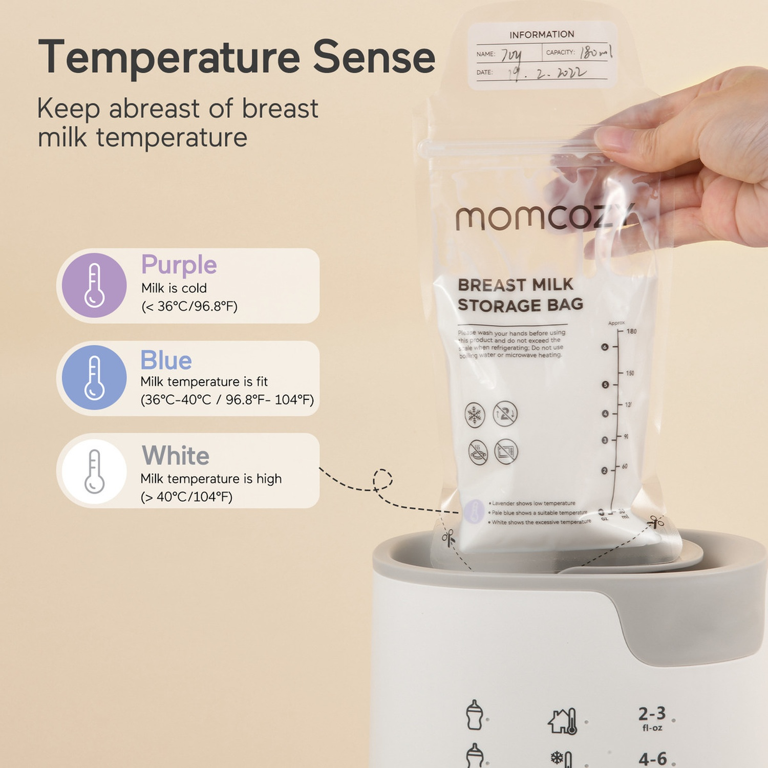Borsa per la conservazione del latte materno con indicatori di temperatura. Una mano tiene la borsa.