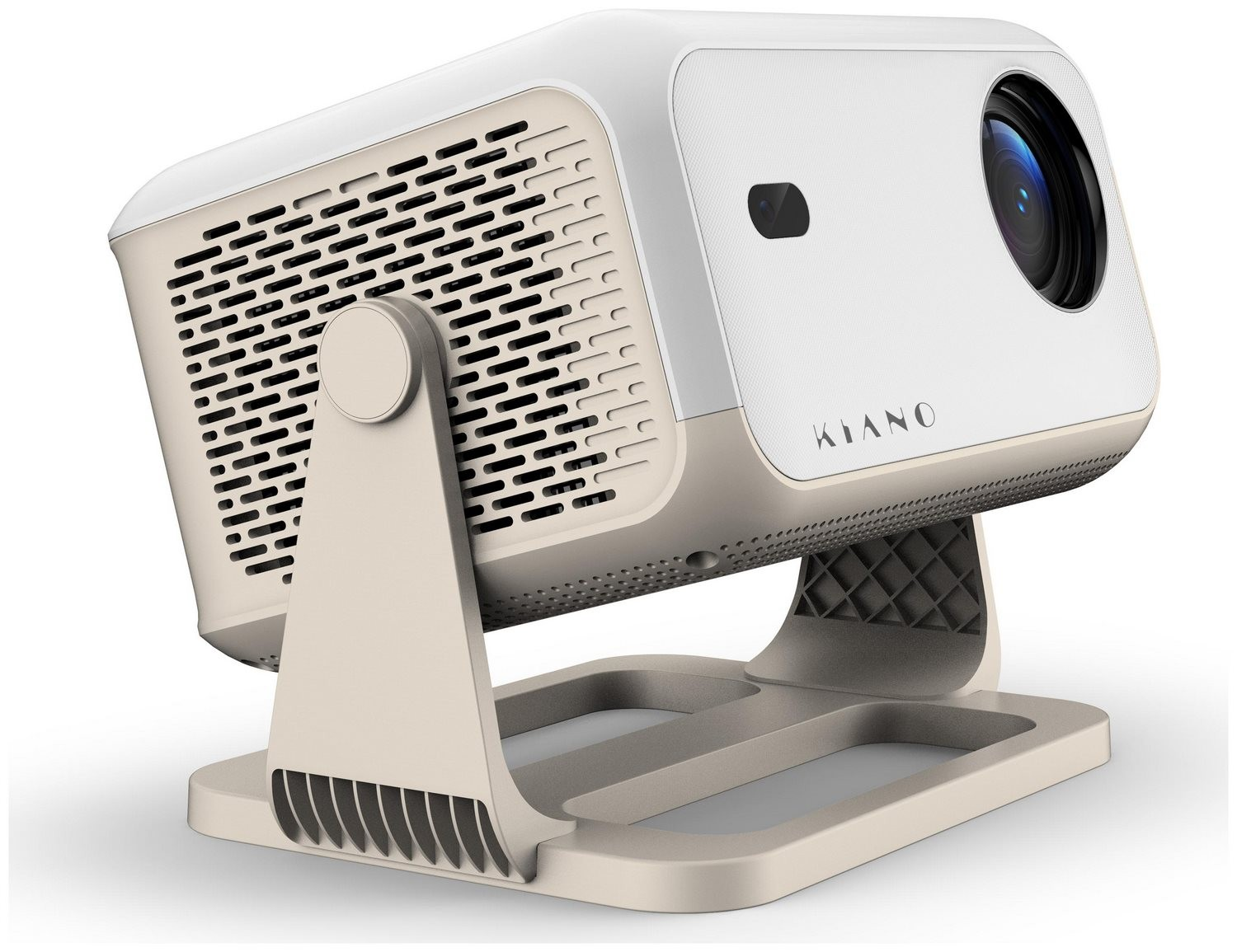Biało-beżowy projektor Kiano na beżowym stojaku, skierowany w górę.